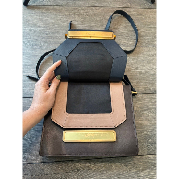 Zac Posen Katie Satchel Crossbody Leather Structured Top Handle Bag Purse Navy - Picture 15 of 16